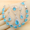 Sky Blue Water Drop Zirconia Silver Jewelry Sets for Women Earrings Necklace Pendant Ring Bracelet Wedding Gift - Image 1