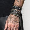 Four Piece Black PU Leather Cuff Bracelet Set with Stud and Chain Details - Image 9