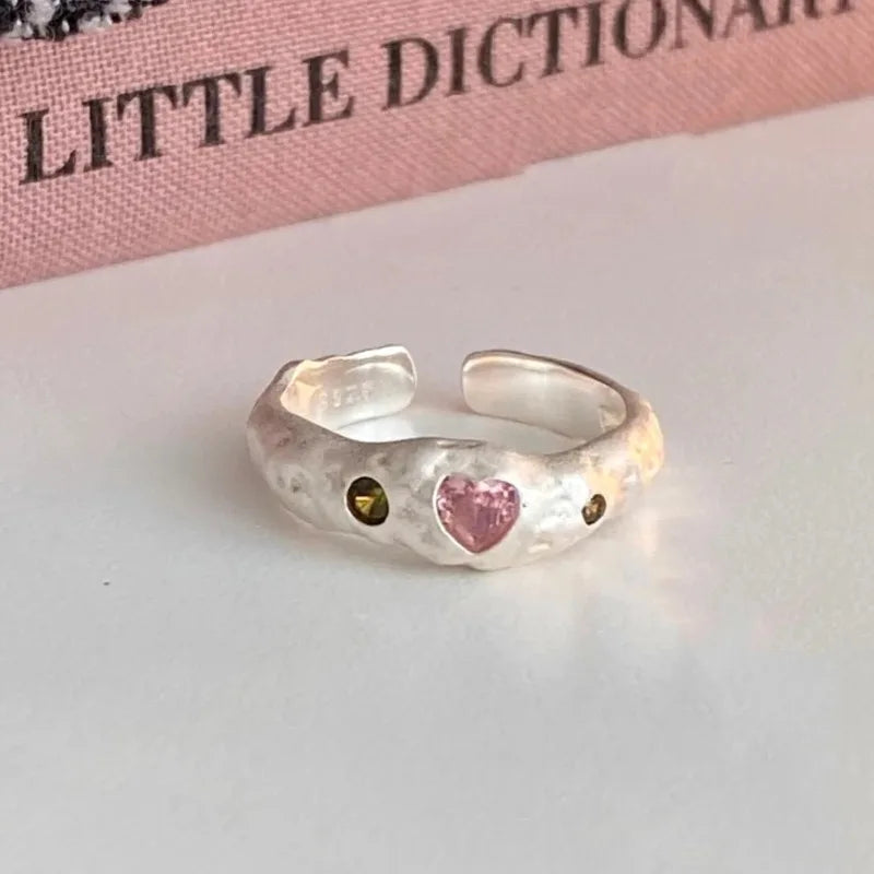 Sweet Personality Silver Adjustable Irregularly Texture Heart-shaped Pink Crystal Ring for Woman Korean Jewelry - Image 1