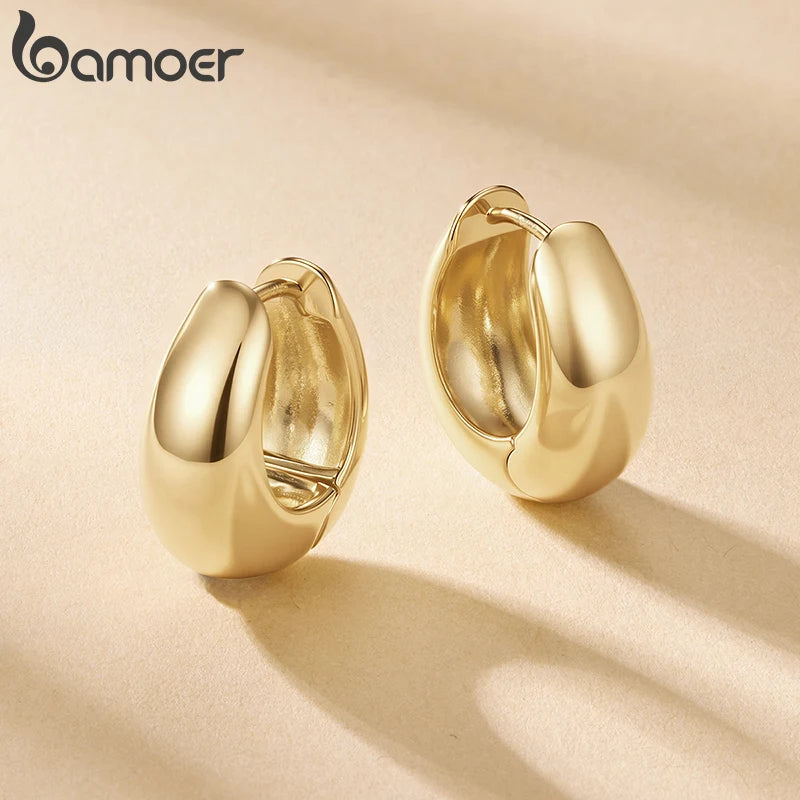 Gold Plated Silver Post Glossy Hoop Earrings, High Polished Statement Jewelry for Women - Image 1