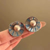 Vintage Elegant Blue Crystal Shell Pearl Conch Shape Stud Earrings for Women Simple Geometry Round Jewelry Party Gift - Image 3