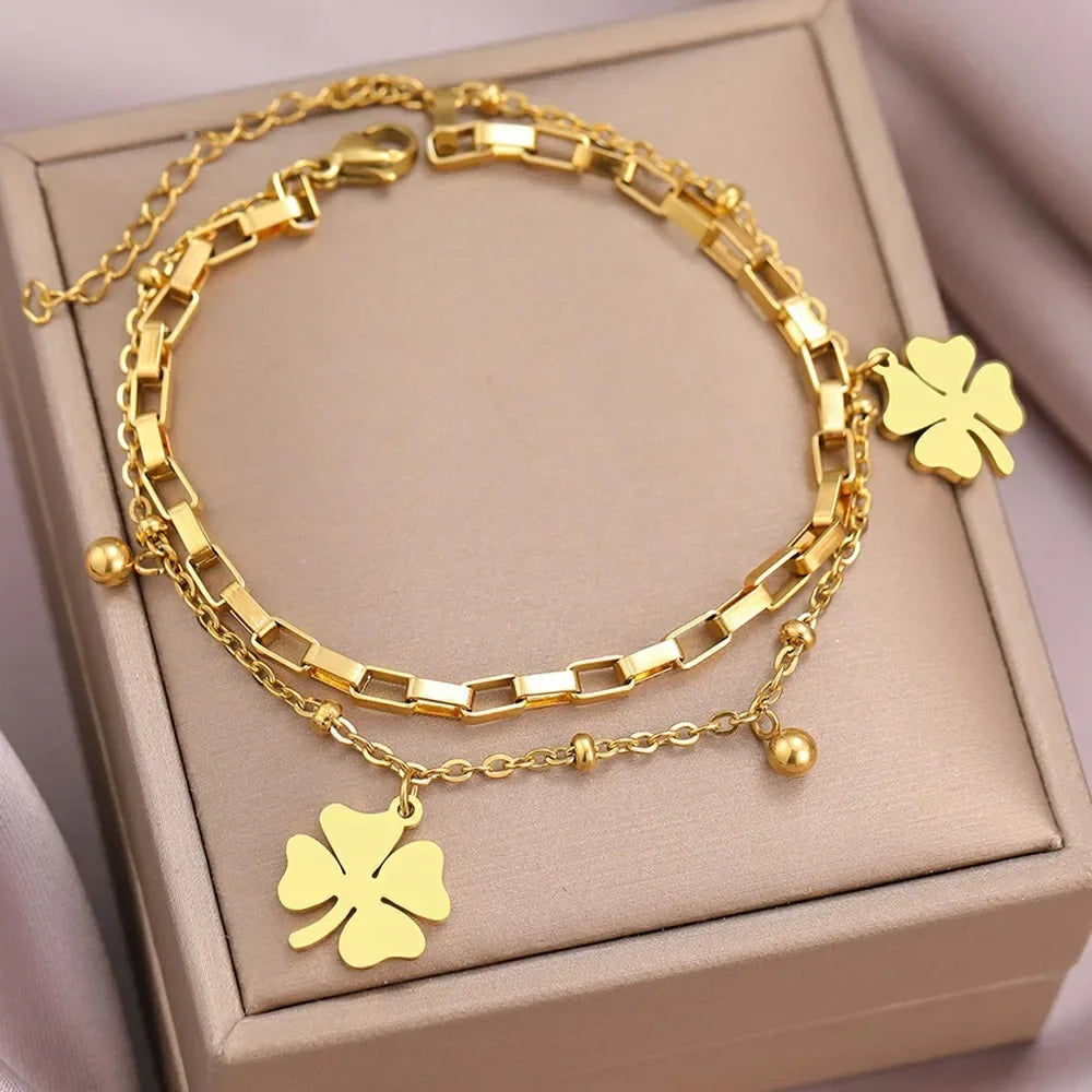Charm Four Leaf Lucky Flower Double Layer Bracelet for Women Gold Color Stainless Steel Bangle Jewelry Gift Colorfast - Image 1
