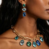 Multi Color Blue And Green Crystal Jewelry Set Gold Tone Link Necklace And Tiered Drop Earrings Statement Jewelry For Womens - Image 5