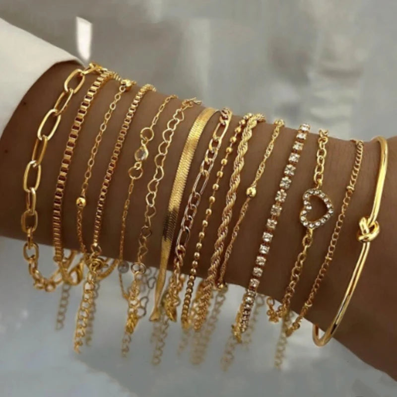Elegant Heart Zircon Charm Bracelet Sets for Women Vintage Minimalist Multi-Element Twist Chain Metal Bracelets Jewelry - Image 1