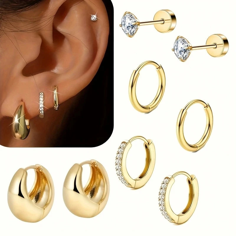 Eight Piece Thick Hoop and Stud Earring Set for Cartilage Styling - Image 1
