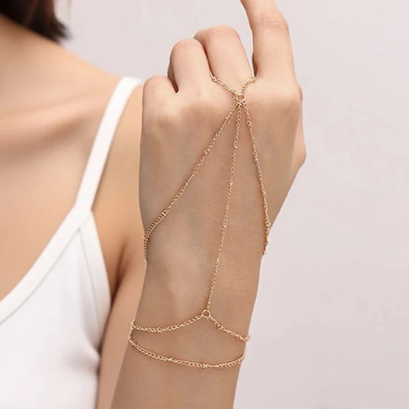 Boho Metal Beaded Finger Chain for Women Bracelet Ring Punk Simple Retro Summer Versatile Adjustable Jewelry Gift - Image 1