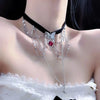 Vintage Red Crystal Heart Love Cross Butterfly Necklace for Women Sexy Lace Tassels Clavicular Chain Y2K Jewelry