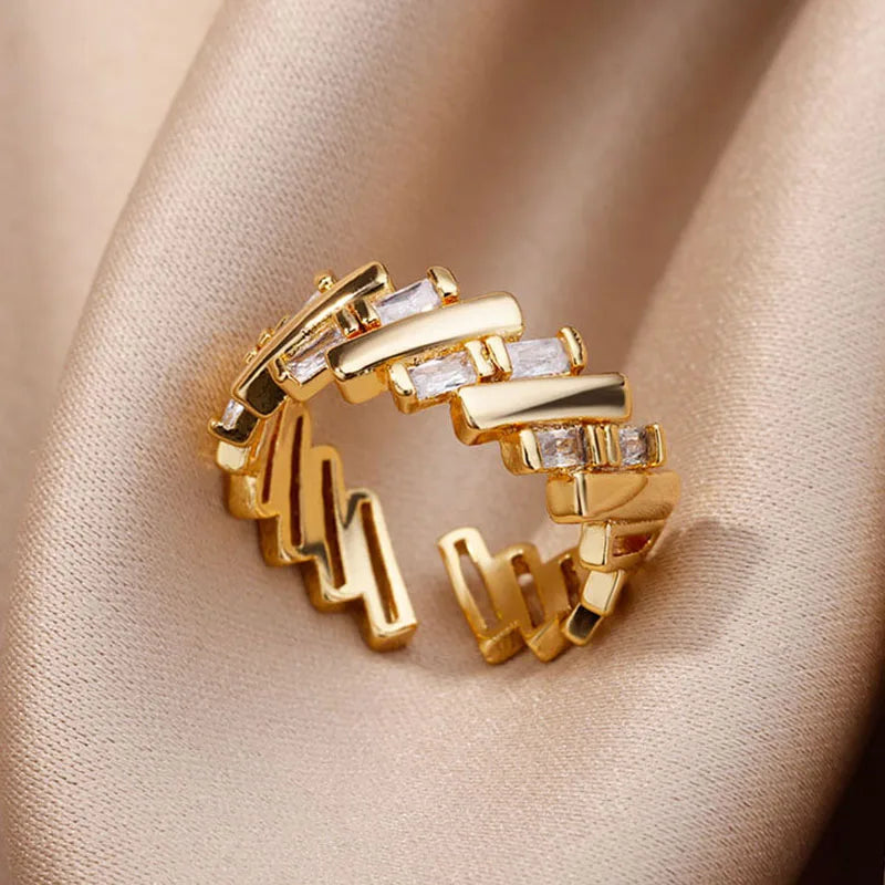 Zircon Bar Rings For Women Gold Plated Stainless Steel Bar Opening Ring Wedding Aesthetic Jewelry - Image 1