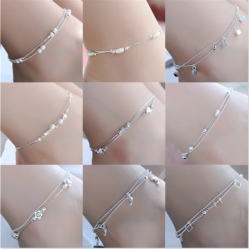 Silver Color Stamp Anklets For Women Foot Leg Chain Link Bracelet Double Layers Beach Accessories Jewelry - Image 1