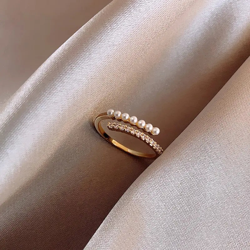Light Micro Rhinestone Rings Woman Gold-color Elegant Simulated Pearl Open Ring Party Wedding Stackable Ring Jewelry A - Image 1