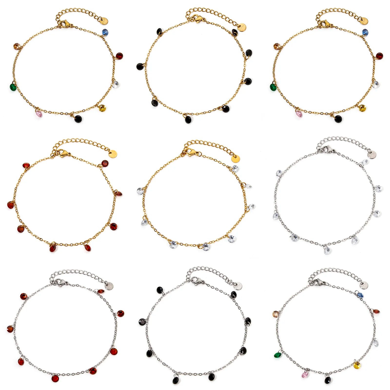 1 Piece 304 Stainless Steel Link Cable Chain Anklet Multicolor Rhinestone For Women Party Bracelets Gift 22cm(8.7