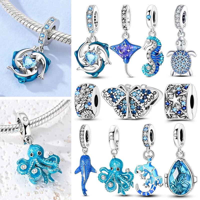 Silver Blue Charms Whale Shark Sea Turtle Dolphin Seahorse Pendant Bead Fit Bangle Bracelet Charms Jewelry - Image 1