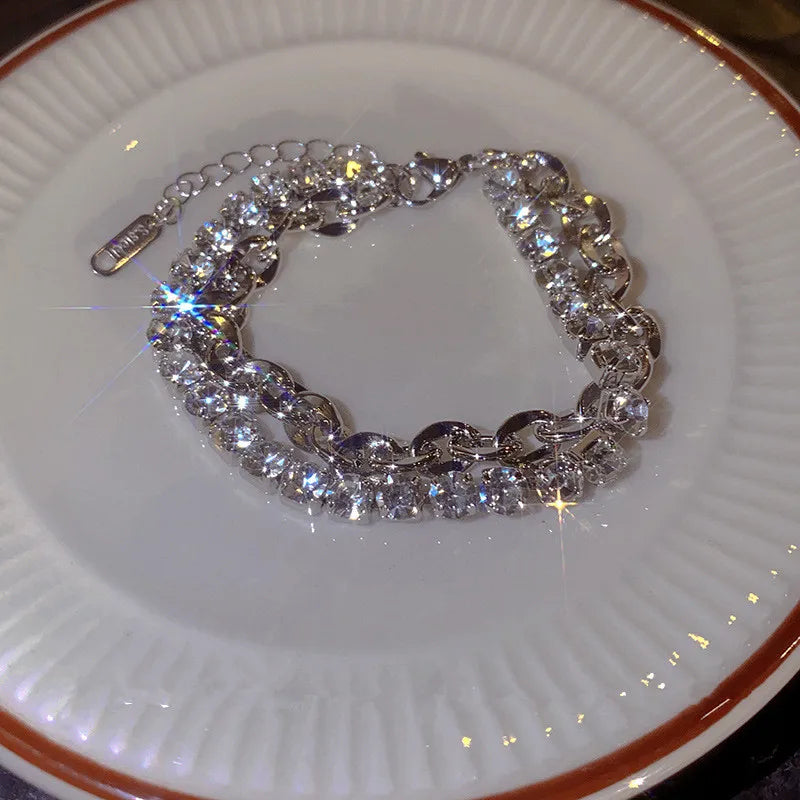 Zircon Double Layer Silver Colour Bracelet Women's Personality Bracelet Party Jewelry Birthday Gifts - Image 1