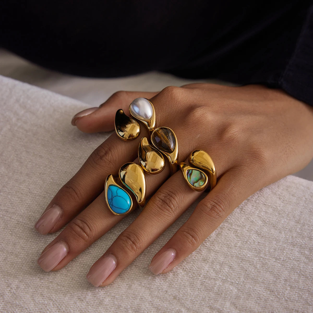 Vintage Gold Color Plated Blue Turquoise Asymmetric Open Rings Stainless Steel Women Jewelry Party - Image 1