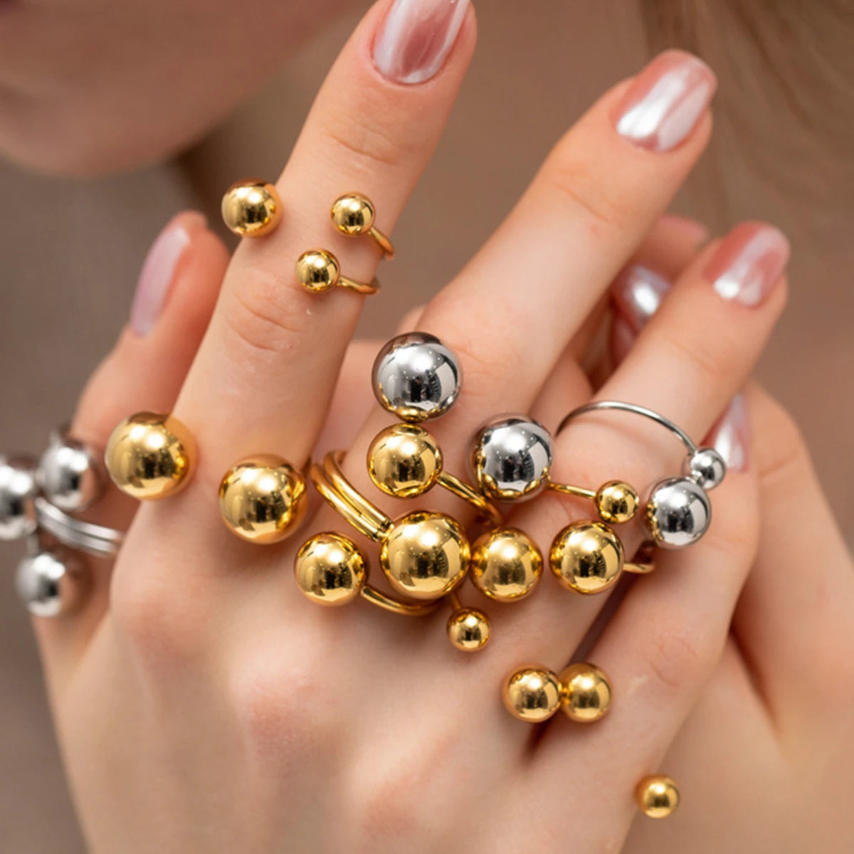Irregular Beads Stainless Steel Rings For Women Men Open Adjustable Gold Color Chunky Ball Ring Minimalist Jewelry - Image 1