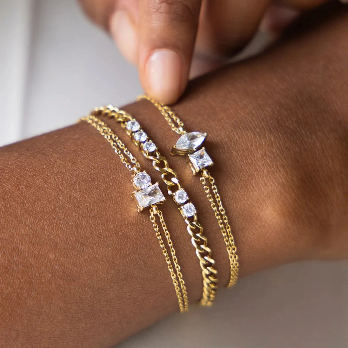 Stainless Steel Zircon Double-Layer Chain Bracelet, Horse Eye Square Design, Layered Bracelet, Bracelet - Image 1
