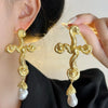 Exaggerated Baroque Pearl Cross Earrings for women, Statement Dangle Earring Party Accessories - Image 3
