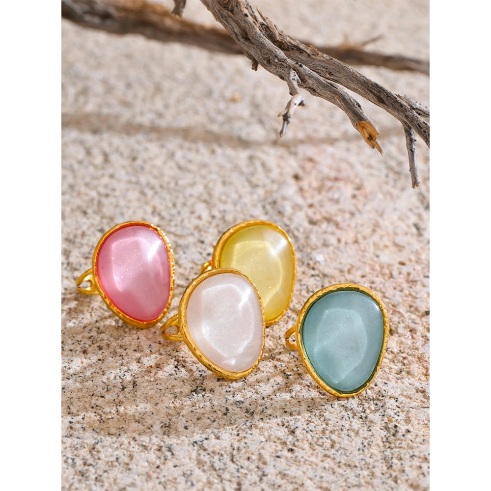 Candy Multi-Color White Pink Blue Yellow Resin Adjustable Ring Gold Color Stainless Steel Summer Jewelry Gift - Image 1