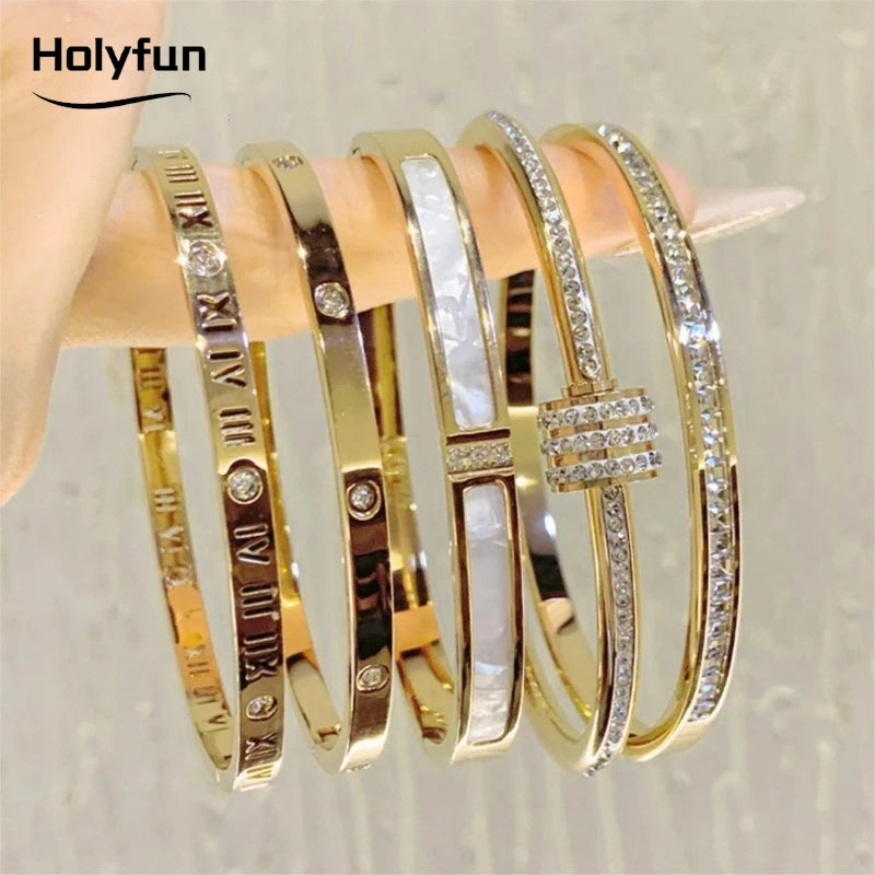 Classic Bracelet Design Gold Color Stainless Steel Sparkling Zircon Bangles for Women Gift Jewelry - Image 1