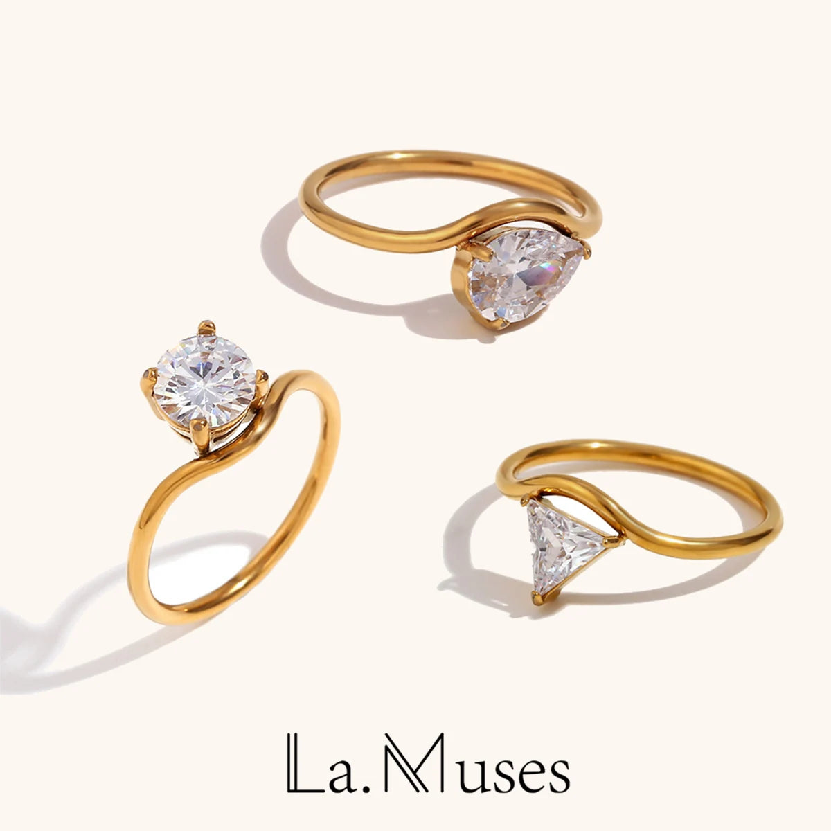 La. Muses Sparkling Water Drop Shaped Cubic Zirconia Stainless Steel Women's Ring Gold Plated Jewelry Gift - Image 1