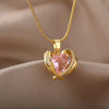 Bohemia Pink Cubic Zirconia Necklace For Women Stainless Steel Heart Wings Pendant Necklaces Crystal Choker Couple Jewerly Gift - Image 1