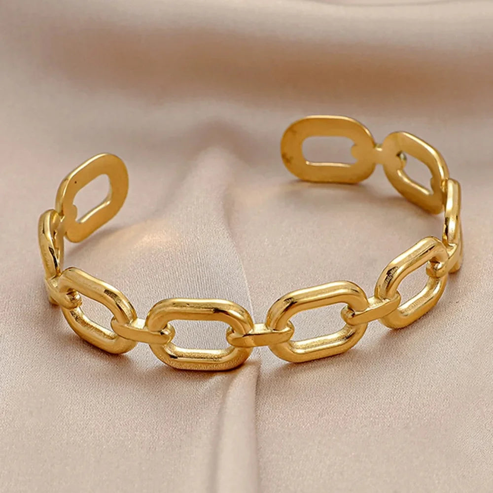 Square Link Stainless Steel Open Cuff Bracelet in Gold-Tone or Silver-Tone - Image 1