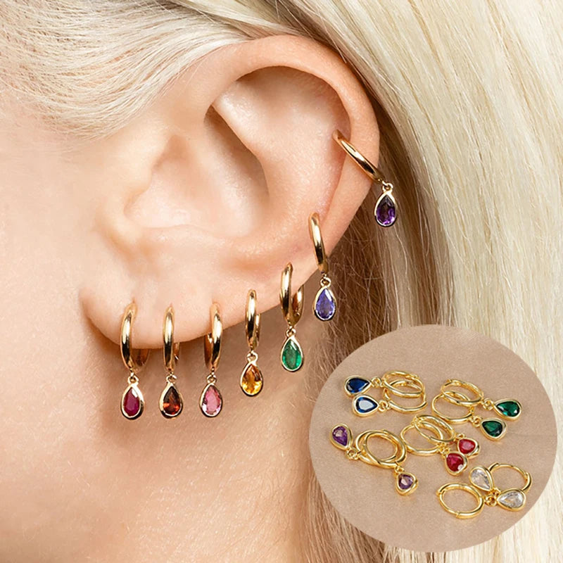 Stainless Steel Huggie Hoop Earrings with Colored Stone Details in Two-Piece Sets - Image 1