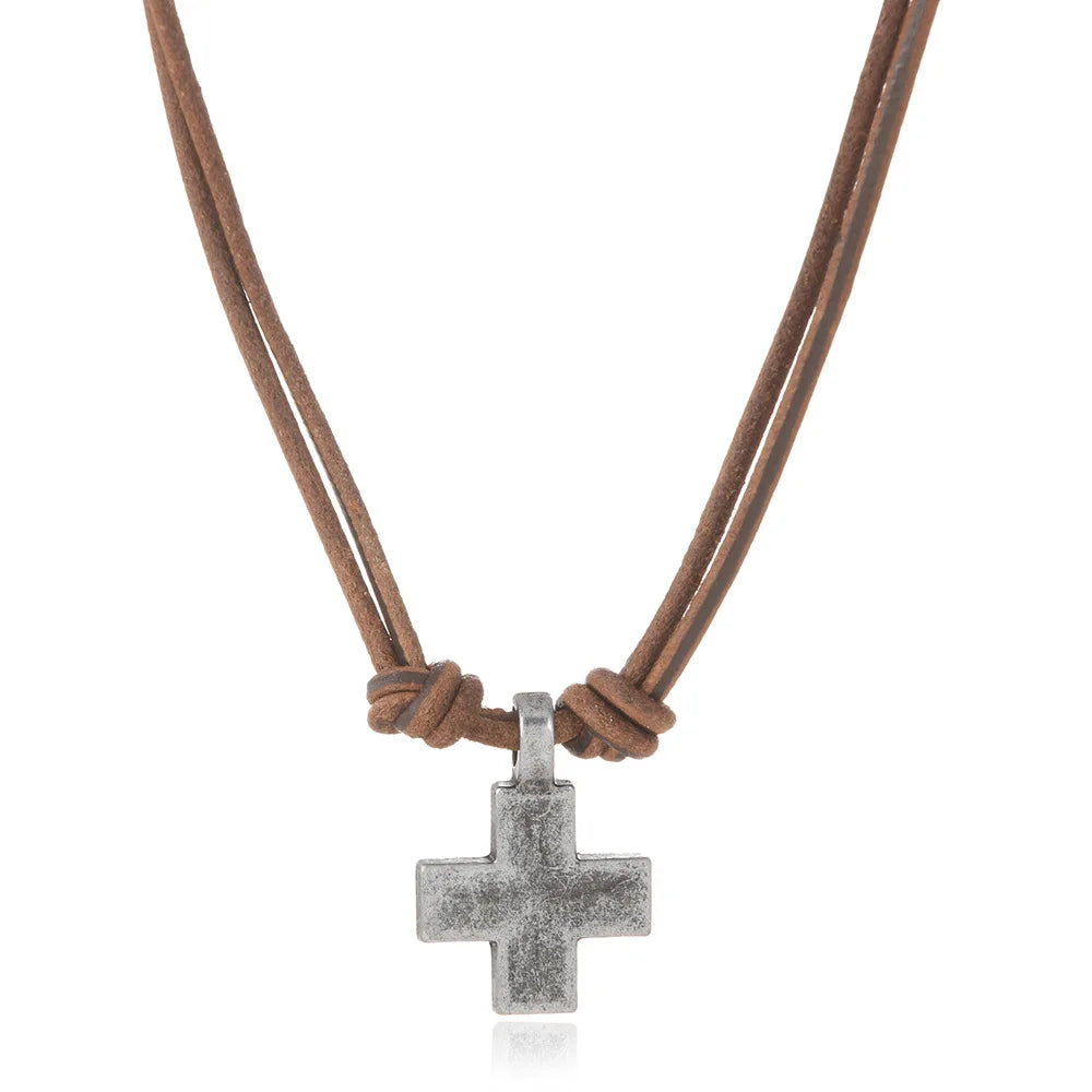 1 Piece Women and Men Retro Woven Cross Pendant Necklace Rope Leather Necklace for Women - Image 1