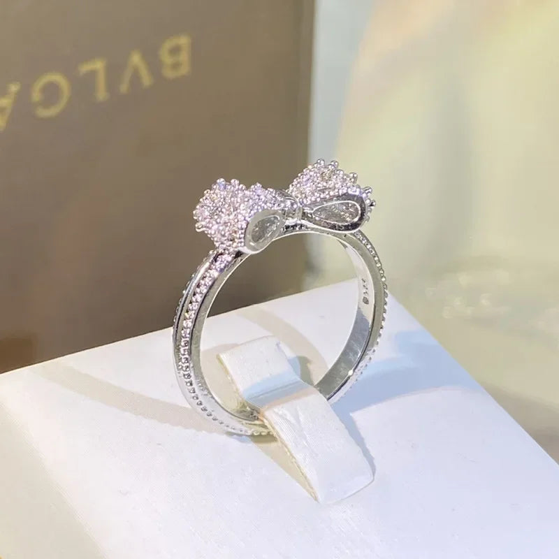 Fancy Bow Ring with Dazzling CZ Silver Color Women Finger Ring Stamp Wedding Bands Statement Accessories Jewelry - Image 1