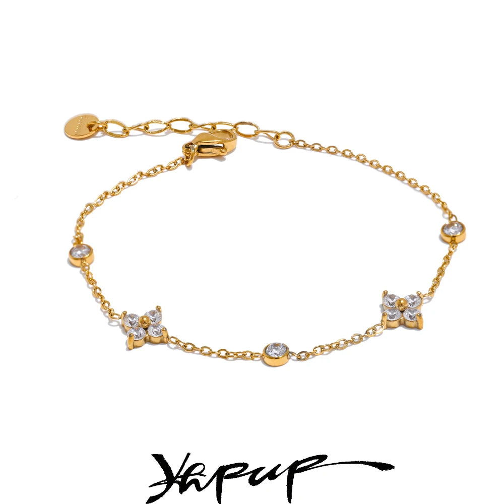 Delicate Cubic Zirconia Flower Chain Thin Bracelet Bangle Stainless Steel Office Ladies Chic Jewelry Gift - Image 1