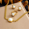 316L Stainless Steel Square Large Pearl Necklace Earrings Ring For Women Girl Party Gift Jewelry Set - Image 8