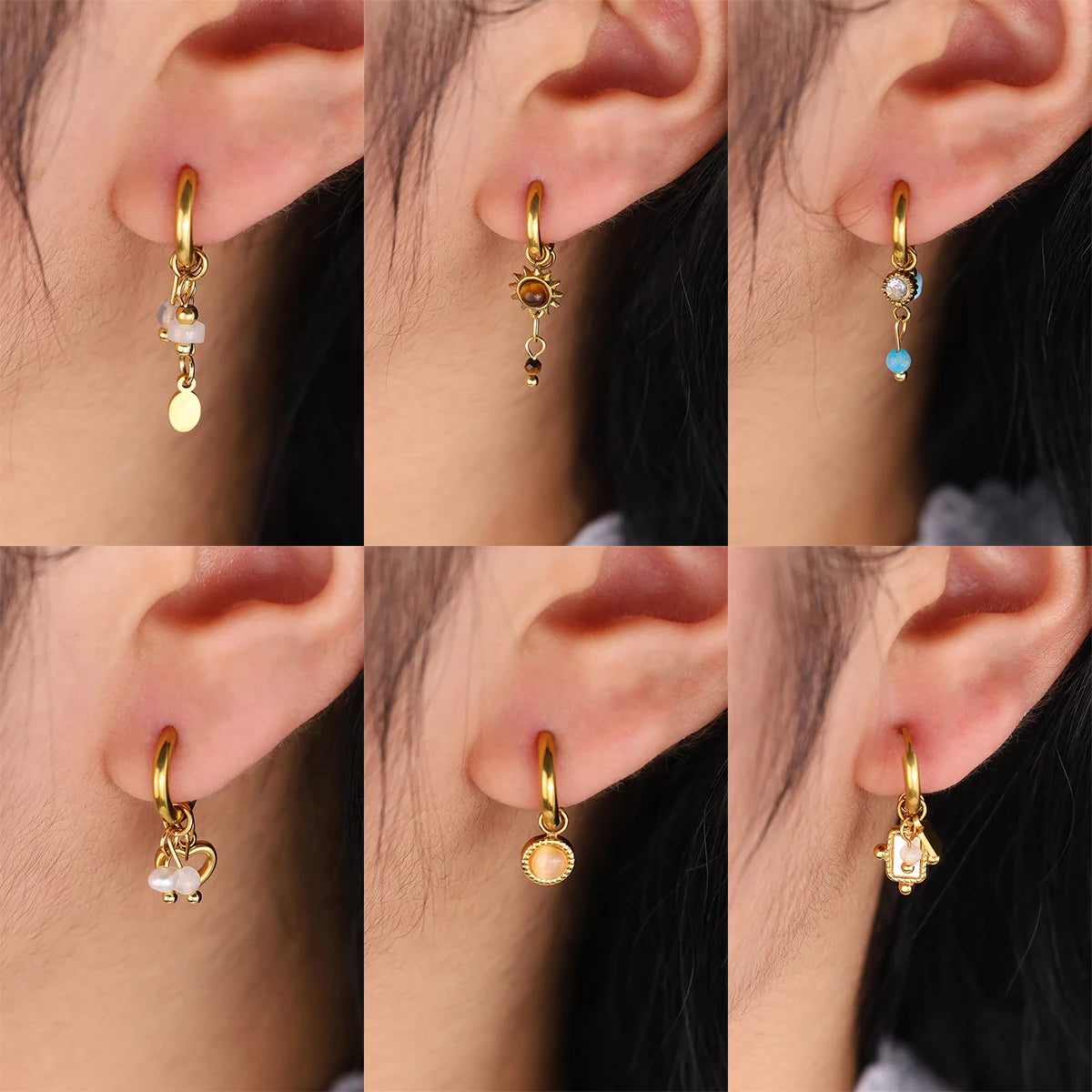 Gold Plated Stainless Steel Huggie Hoop Earrings for Women Chic Vintage Natural Stone Charms Jewelry - Image 1