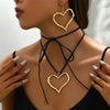 Big Gold Color Heart Pendant Necklace Earrings Jewelry Set Black Long Velvet Rope Chain Necklace Metal Drop Earrings for Women - Image 1