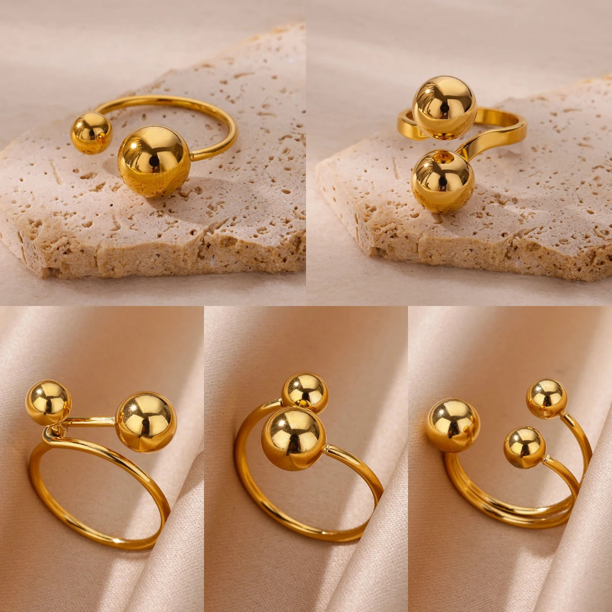 Stainless Steel Double-layer Beads Rings for Women Gold Plated Geometric Ball Bead Open Ring Aesthetic Punk Jewelry - Image 1
