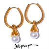 Removable Stainless Steel Geometric Imitation Pearls Drop Hoop Earrings Gold Color Elegant Daily Jewelry for Women - Image 1