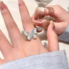 Summer Blue Crystal Butterfly Rings for Women Silver Color Y2K Trend Creative Rhinestone Opening Rings Party Jewelry Gifts