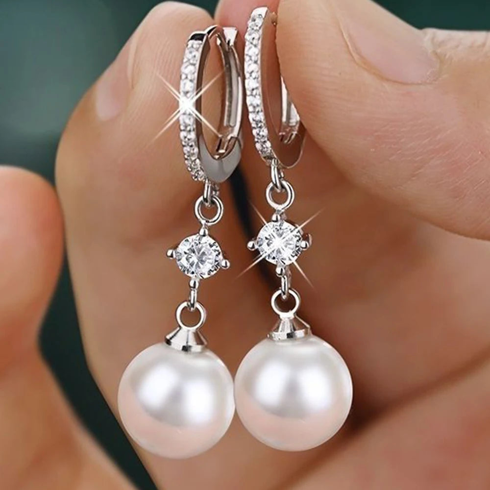 Silver Color Imitation Pearl Hanging Earrings for Women Simple and Classic Bridal Wedding Accessories Jewelry - Image 1