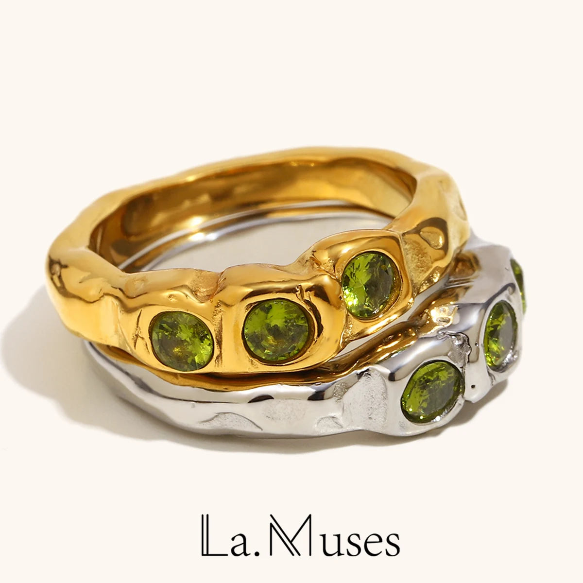 La. Muses Three Green Zircon Stainless Steel Women's Ring Pvd Gold Plated Daily Jewelry Accessories Gift - Image 1