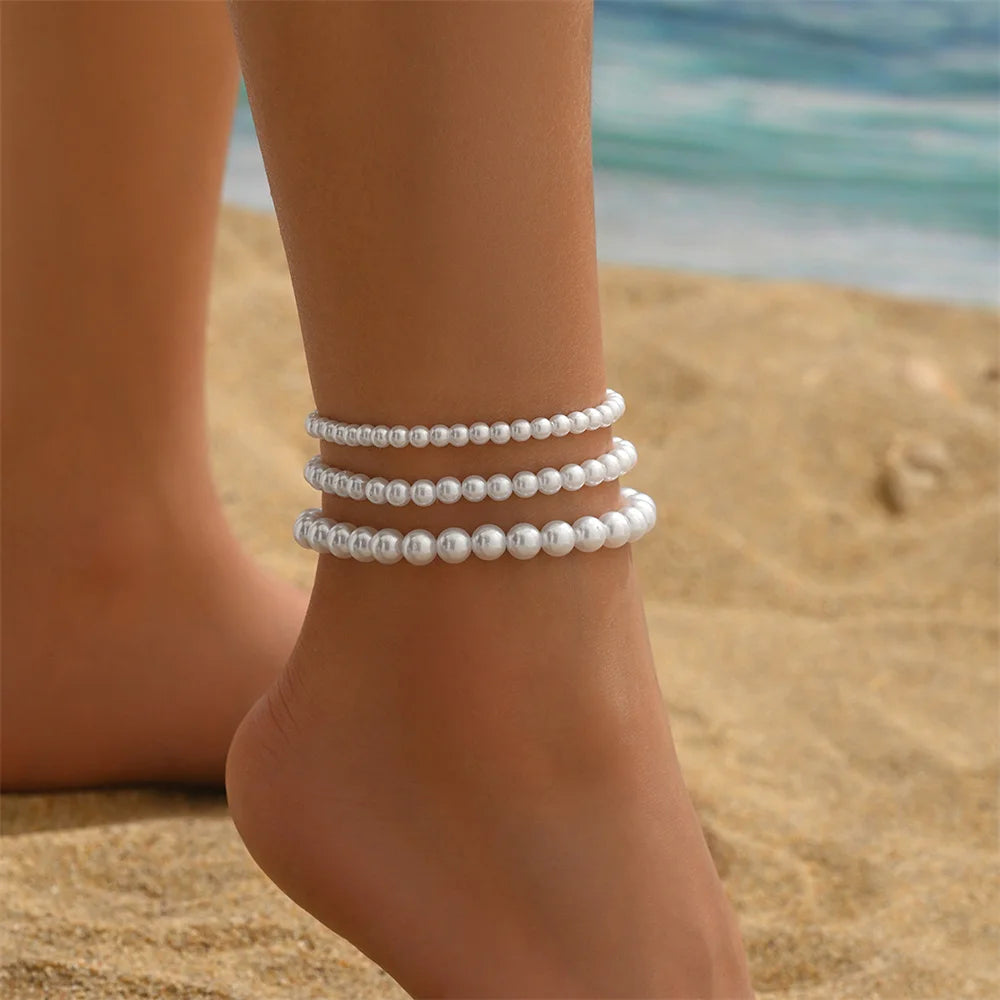 White Beads Simulated Pearl Anklets For Women 3pcs/Set Versatile Foot Chain Ankle Bracelet Boho Beach Jewelry Summer Accessories - Image 1