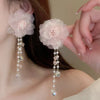 2pcs Imitation Pearl Crystal Tassel Earrings Pink Mesh Flower Pendant Necklace Temperament Women's Jewelry Set K - Image 5