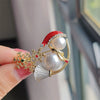 Alloy Snowman Brooch Pin with Pearl Details and Red Hat - Image 5