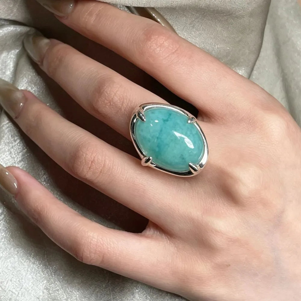 Panjbj Silver Ring For Women Geometric Jewelry Finger Adjustable Retro Colorful Stone Ring For Gift - Image 1