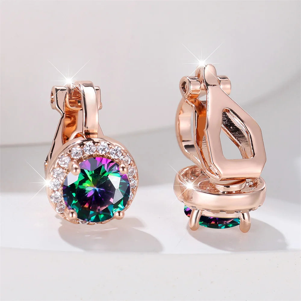 Mystic Rainbow Crystal Round Stone Clip Earrings For Women Rose Gold Silver Color Multicolor Zircon Jewelry Simple Gifts - Image 1