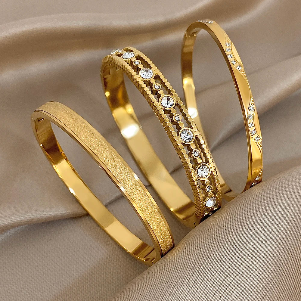 Inlaid Zircon Cuff Bracelet Bangle Gold Plated Women's Men Geometric Stackable Charms Jewelry Gifts - Image 1