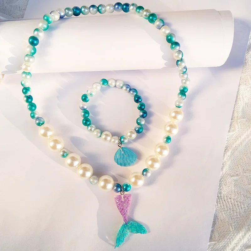 Ocean shell bracelet colorful fishtail necklace gradual change color pearl mermaid children's bracelet necklace set - Image 1