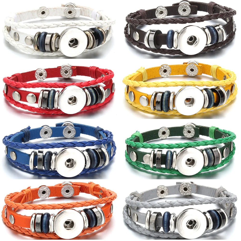 Leather 18MM Snap Button Bracelet Bangle Handmade Braided Leather Snap Bracelets for Women Men Buttons Jewelry - Image 1