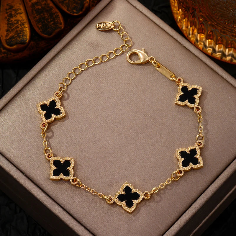 Vintage Rhinestone Four Leaf Clover Bracelet for Women Girls Five Leaf Flower Wrist Chain Jewelry Gifts - Image 1