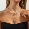 Boho Pink Zircon Heart Circular Imitation Pearl Pendant Necklace Sweet Stone Chain Style Girls Jewelry - Image 1