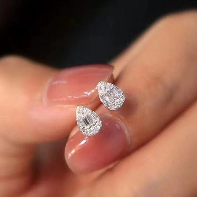Delicate Water Drop Shaped Stud Earrings Silver Color Crystal CZ Ear Earrings for Women Versatile Jewelry - Image 1