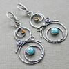 Bohemian Round Blue Stone Earrings Handmade Jewelry Metal Silver Color Hand Engraved Round Dangle Earrings - Image 1